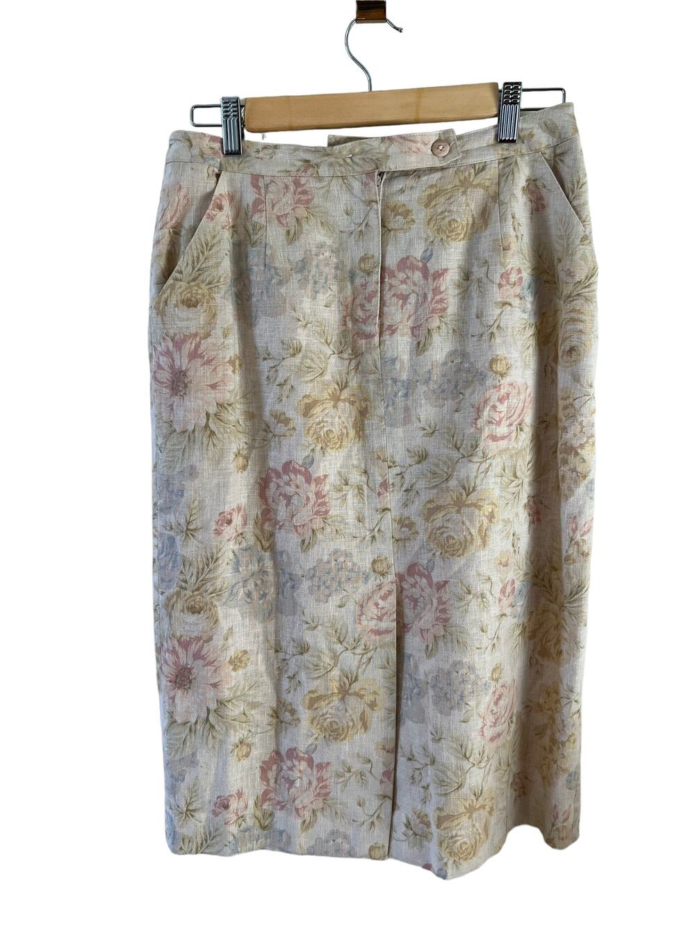 Vintage Chelsea Campbell High Waisted Linen Midi Skirt Beige Floral Print